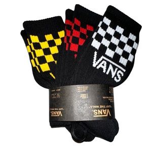 VANS MULTI-PACK OF THREE SOCKS FOR BOYS SIZE 1-6 WHITE YELLOW & RED ON BLACK NWT